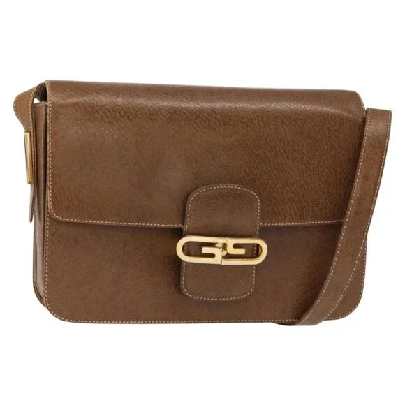 GUCCI Shoulder Bag Leather Brown Gold Auth am9842